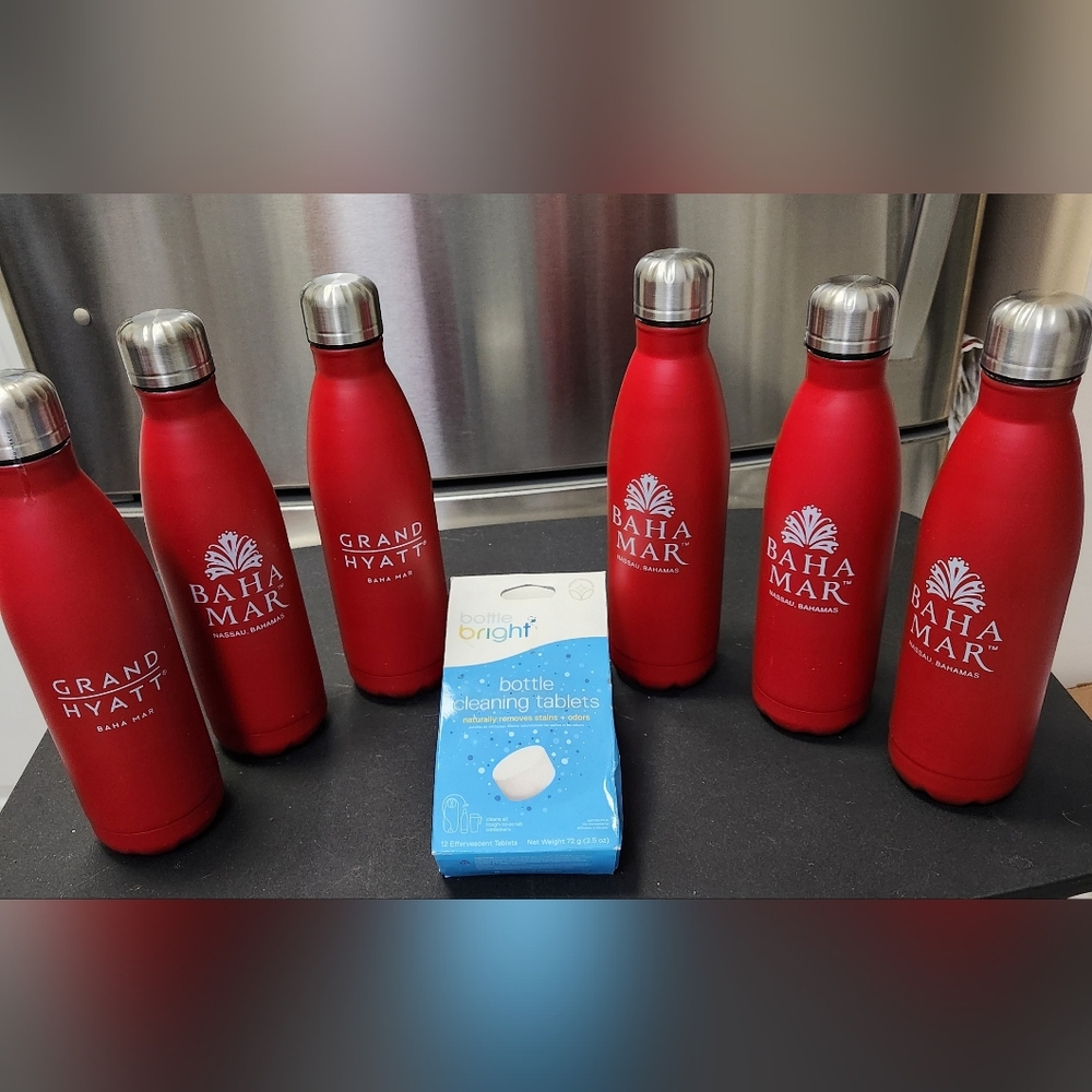 6-Brand New Reusable stainless steel water bottle & Bottle cleaning Tablets.